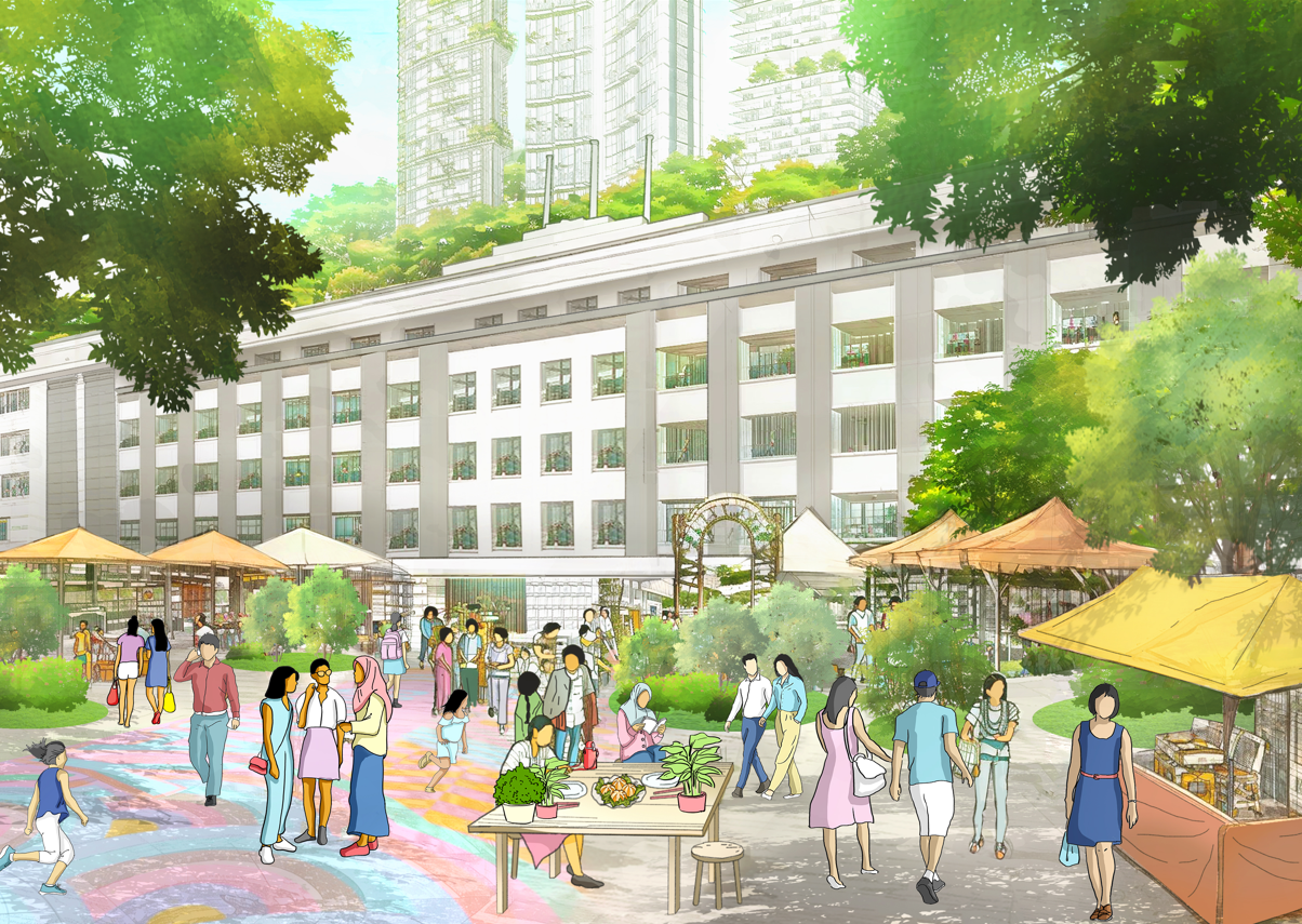 Illustration of diverse people in a public space with food stalls, trees, and a large building in the background.
